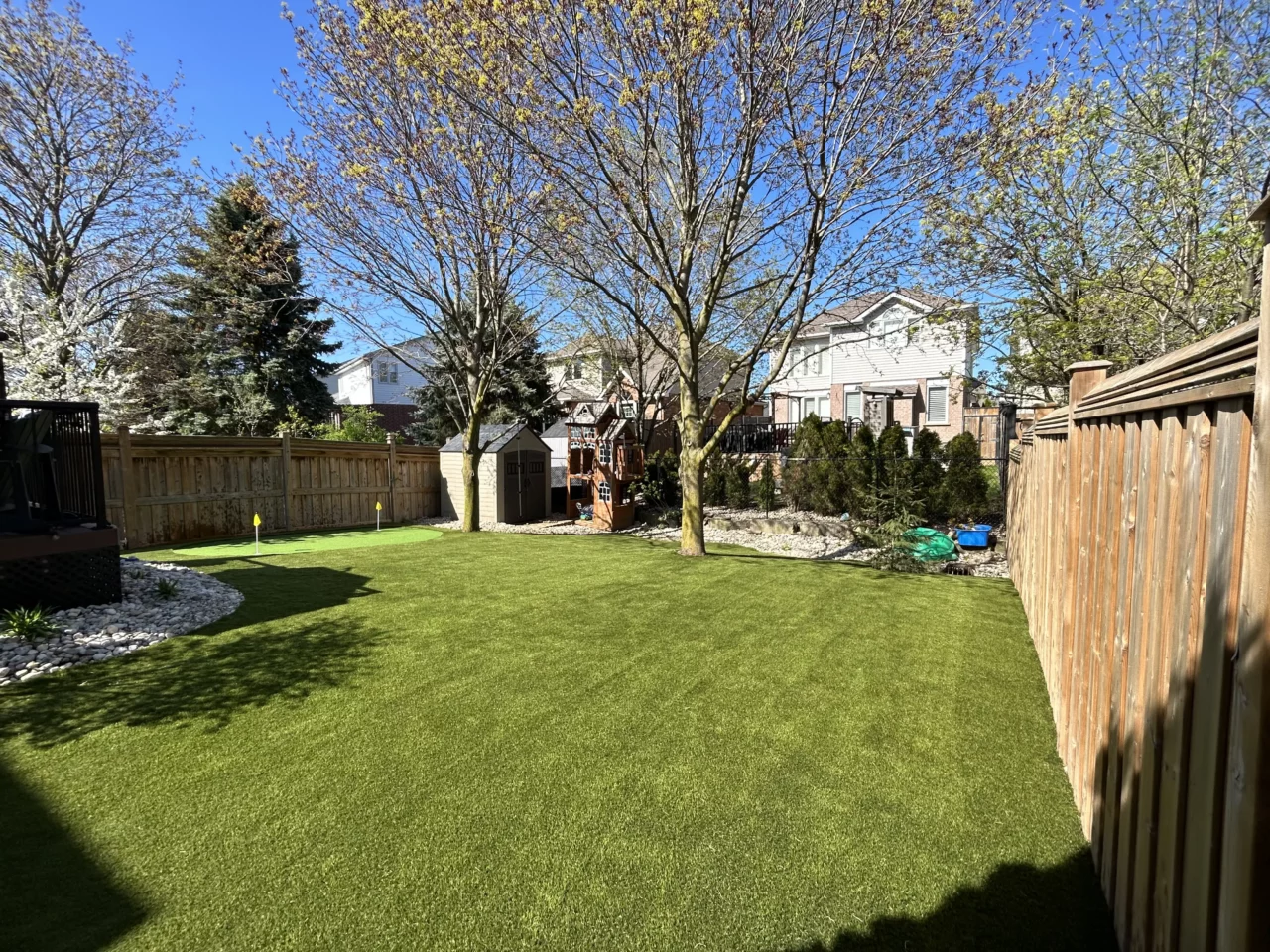 Artificial grass installed in a Brampton backyard